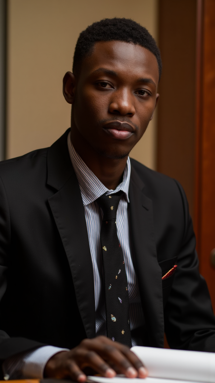photograph, a Colorful model, dressed in a Parched black suit and tie, sits at the desk of a Rwandan company. The ad is presented by a skilled professional with aesthetic adornments, Fuji superi400, Depth of field 100mm, aidmaRealisticPeoplePhotograph
