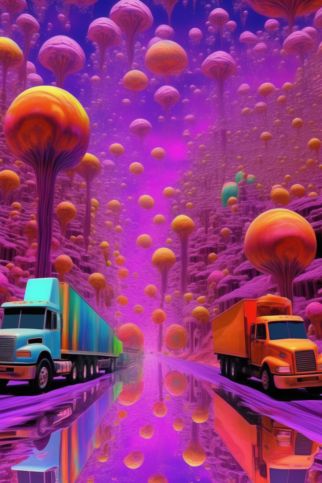 <lora:Larry Carlson Style:1>Larry Carlson Style - scene in the style of artist larry carlson, the scene is floating 16oz and 12oz trippy warehouse and distriubtion trucks driving on road made of liquid