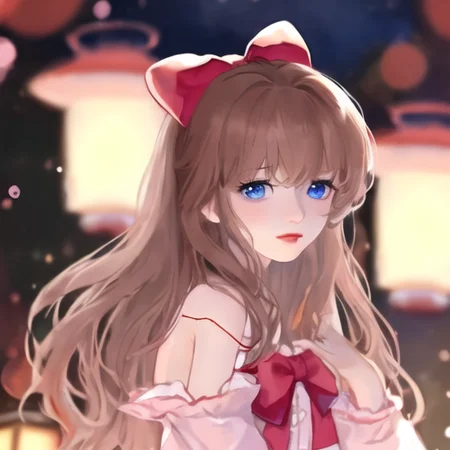 (extremely delicate and beautiful:1.2),1girl,fashi-girl, bangs, blue eyes, blurry, blurry background, bow, brown hair, closed mouth, from side, hair between eyes, hair bow, lantern, light particles, long sleeves, looking at viewer, medium hair, night, red bow, solo, star \(symbol\), upper body,smile,red lips <lora:fashionGirl_v50:1>