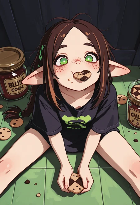 1girl, nakoa, brown hair, pointy ears, green eyes, long hair, slim, freckles, small breasts, streaked hair, braid, eating cookie, puffy_cheeks, comptent, bliss, portrait, sidelighting, clean line art, simple_background, crumbles, mouth_focus, dynamic_pose, holding_cooking_jar, from_above, long loose black tshirt, sitting on floor, on floor, cookies on floor, crumbs, hodling cookie, clutter, masterpiece, best quality, good quality <lora:Nakoa:0.4980468749999997> <lora:Ghibli_Harem_V1.0:0.3656249999999994> <lora:LeIsT0_style:1> <lora:flatline_v2_-_Illus_x_Niji:0.6003906249999995> <lora:dmd2_sdxl_4step_lora:1.0>