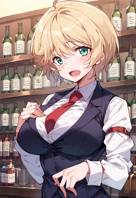 score_9,score_8_up,score_7_up,source_anime,zPDXL3,
*//*,<lora:Aria_Kimura-v1.0-000001:1>,,1girl,solo,aria_kimura,blonde hair,short hair,blue eyes,red necktie,black pants,black vest,white shirt,long sleeves,formal,open mouth,large breasts,bartender,bar (place),bottle,
*//*,looking at viewer,upper body,