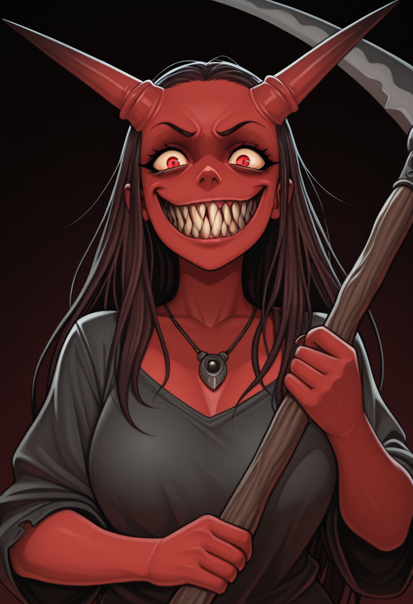upper body, 1girl, hooves, holding scythe, necklace, fear, best quality, hi res, contempt,  horned_reaper, long mouth, teeth, sharp teeth, closed mouth, shirt
,masterpiece,best quality,amazing quality