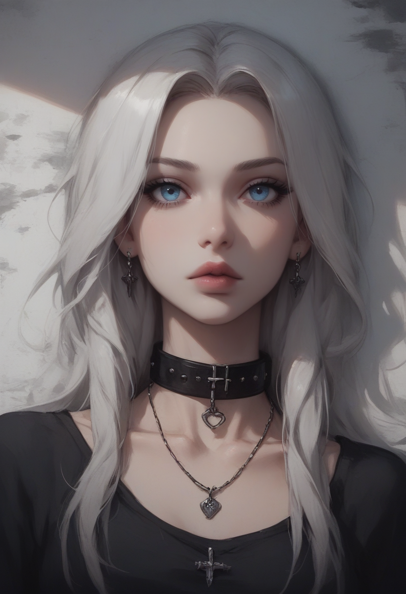 score_9, score_8_up, score_7_up, Goth girl, goth girl 1girl, 1girl,solo,long hair,looking at viewer,blue eyes,jewelry,collarbone,white hair,grey hair,lying,parted lips,choker,necklace,collar,shadow,black choker,portrait,close-up, painting, <lora:[GP] somethingweird [Pony XL]:0.2>, <lora:g0th1cPXL:0.3>, <lora:Concept Art Twilight Style SDXL_LoRA_Pony Diffusion V6 XL:0.8>,   <lora:Goth_girl_XL-v2:0.8>