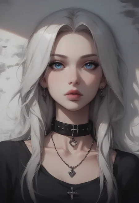 score_9, score_8_up, score_7_up, Goth girl, goth girl 1girl, 1girl,solo,long hair,looking at viewer,blue eyes,jewelry,collarbone,white hair,grey hair,lying,parted lips,choker,necklace,collar,shadow,black choker,portrait,close-up, painting, <lora:[GP] somethingweird [Pony XL]:0.2>, <lora:g0th1cPXL:0.3>, <lora:Concept Art Twilight Style SDXL_LoRA_Pony Diffusion V6 XL:0.8>,   <lora:Goth_girl_XL-v2:0.8>