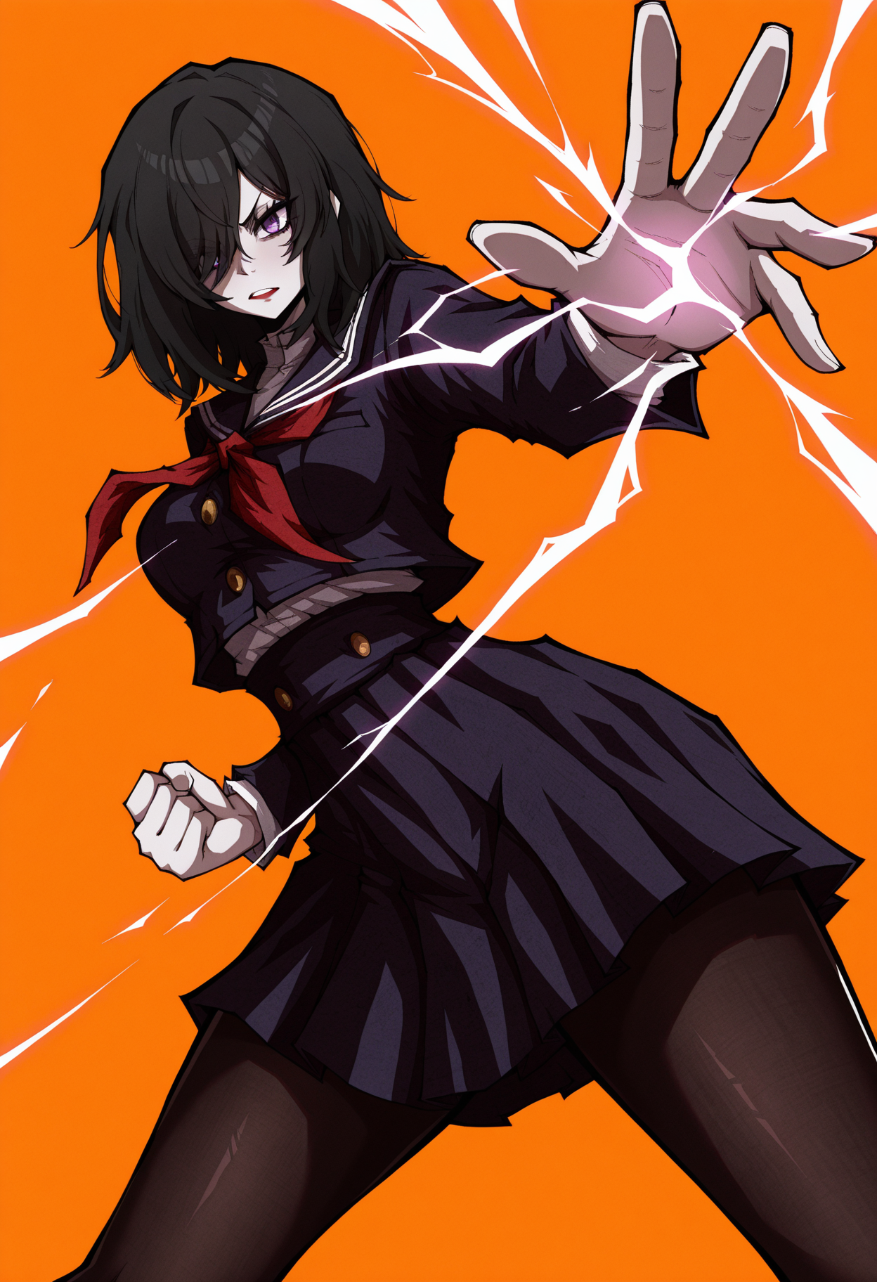solo,
1girl, black hair, pale skin, purple eyes, hair over one eye, medium hair, medium breasts, red lipstick,
skirt, pantyhose, school uniform, high-waist skirt, jacket, shirt, long sleeves, crop jacket,
electricity, electrokinesis,
orange background, action pose, good hands, five fingers,
<lora:Kekel0212IL-style:1>, kekel0212, masterpiece,best quality,amazing quality,
