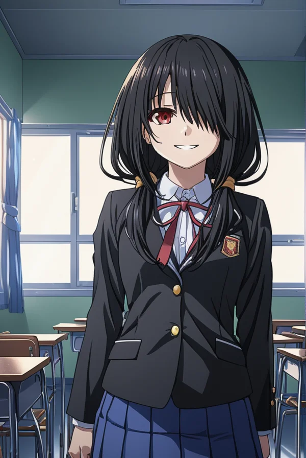 masterpiece, best quality, highres, 4k, 8k, intricate detail, cinematic lighting, amazing quality, amazing shading, soft lighting, Detailed Illustration, anime style,
kurumitokisaki, <lora:kurumi-tokisaki-s1s2-sdxl-lora-nochekaiser:0.75>,
kurumi tokisaki school uniform, long hair, skirt, black hair, red eyes, long sleeves, ribbon, school uniform, jacket, pleated skirt, bag, hair over one eye, blue skirt, blazer, school bag, black blazer, smile,
indoors, classroom,
looking at viewer, dutch angle,