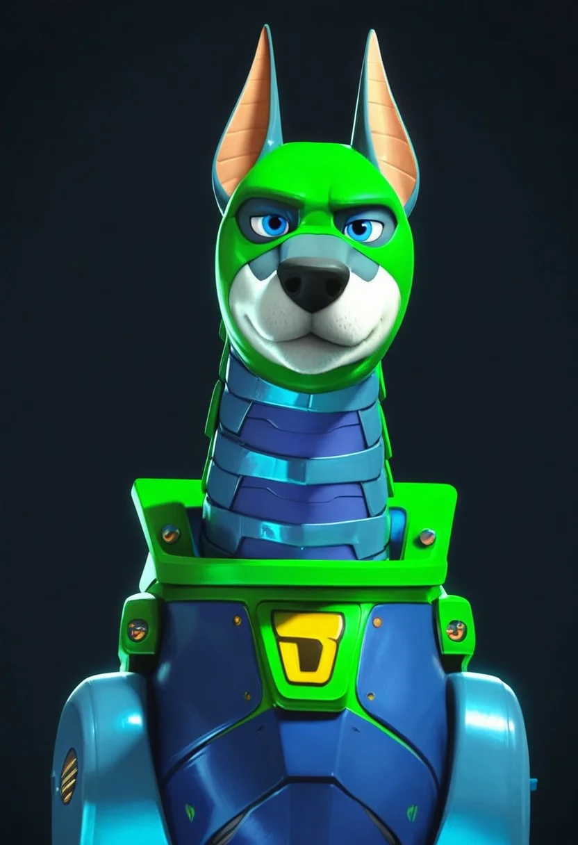 score_9, score_8_up, score_7_up, 1boy, solo, Expressiveh, (Dynomutt, feral, male doberman, cyborg dog, blue eyes, black nose, cybernetics, green body, blue body, two tone body), close-up, smile, closed mouth, (black background), simple background, 4k, masterpiece, best quality, highly detailed, realistic