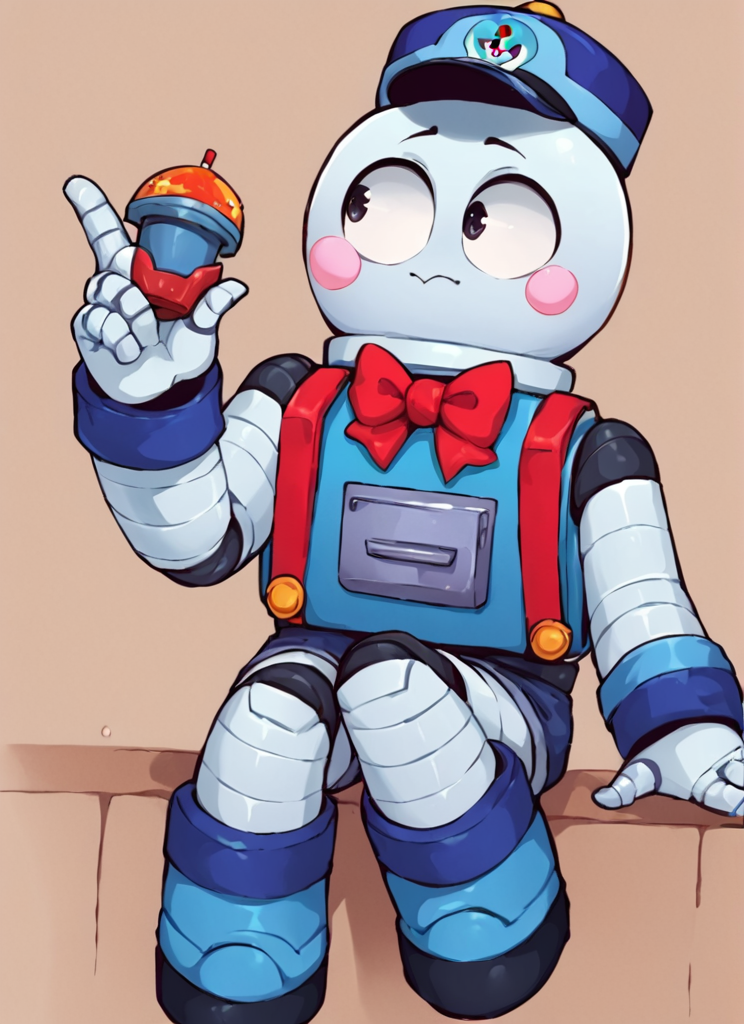 score_9, score_8_up, score_7_up,  <lora:bslou:1>bslou   , 1 girl  , hat , robot,  red  suspenders,  blue body , blush stickers,  red bowtie , black minishorts ,  bare shoulders,