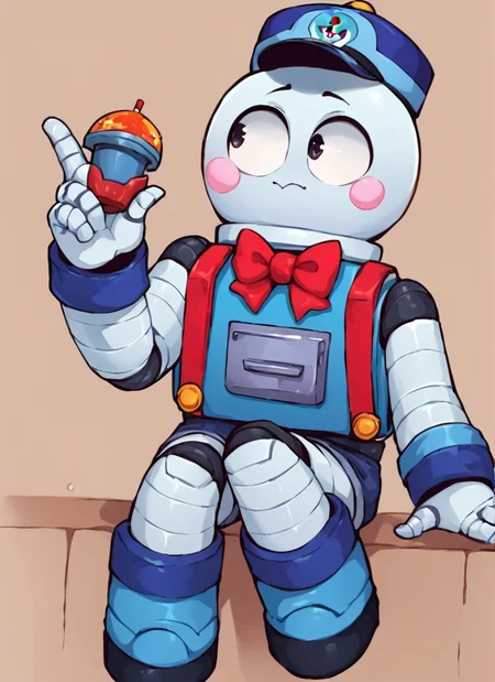 score_9, score_8_up, score_7_up, <lora:bslou:1>bslou , 1 girl , hat , robot, red suspenders, blue body , blush stickers, red bowtie , black minishorts , bare shoulders,