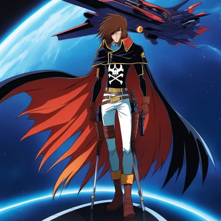 anime artwork a full body man, solo, cape, brown hair, scar, black gloves,sword, in a spaceship<lora:Albator1024_r1:0.8> . anime style, key visual, vibrant, studio anime, highly detailed