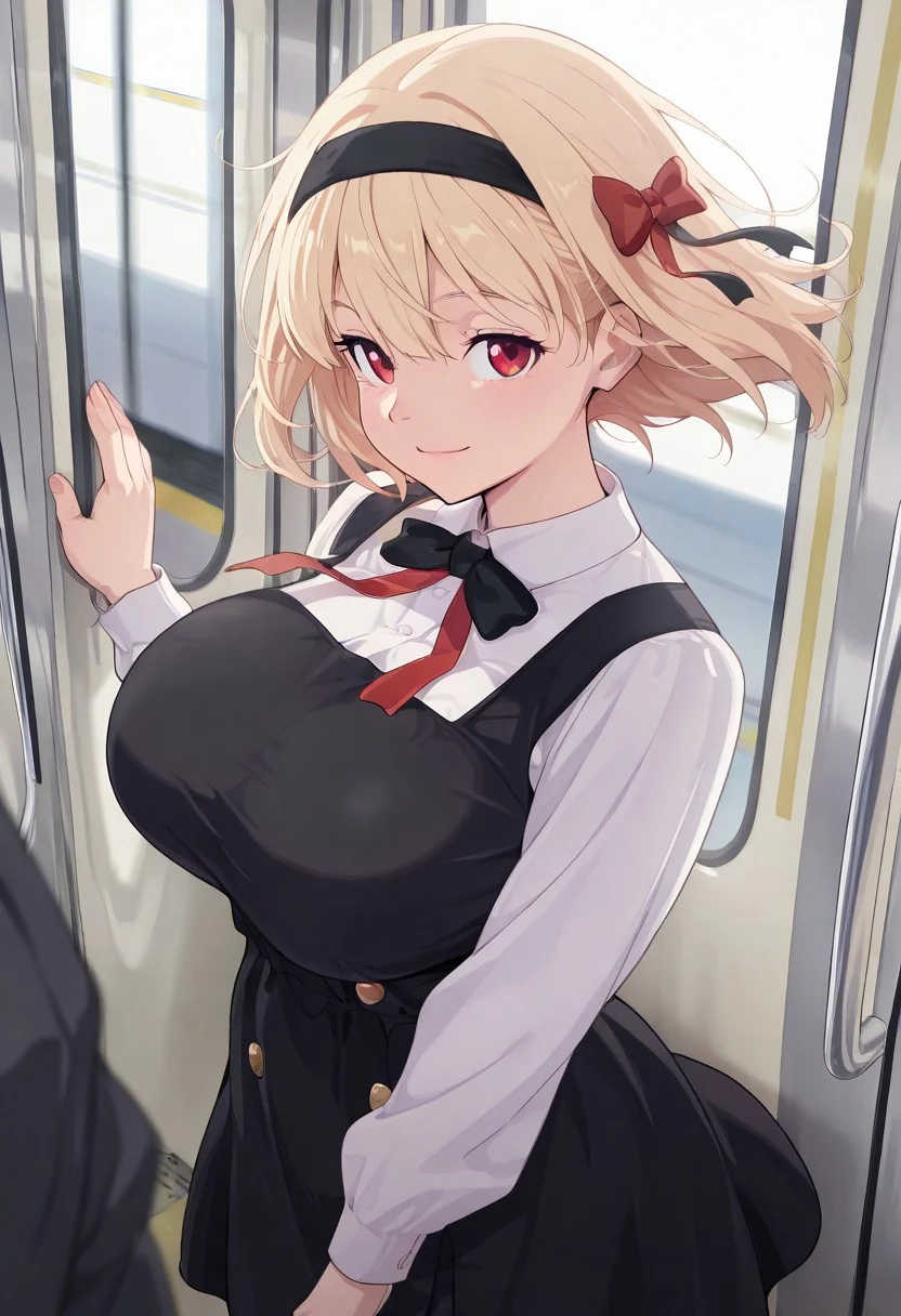 medium depth of field, rule of thirds, masterpiece-level, clean lines, sharp, focused subject, minimalistic composition, masterpiece, amazing quality, best quality, anime screencap, detailed face, detailed eyes, detailed outfit, face focus,
general,highres, ultra-detailed,very aesthetic,best quality ,best hands,
trg_sain,
BREAK 1girl, chnsh, blonde hair, red eyes, short hair, black hairband, hair bow, red bow,
pinafore dress, white shirt, black dress, long sleeves, buttons, ribbon, black bow,
(large breasts:1.5), sagging breasts, (Thick thighs:0.8),
from side, from above, cowboy shot,
standing, floating hair, happy, light smile, looking at viewer,
(against wall, train interior,window),