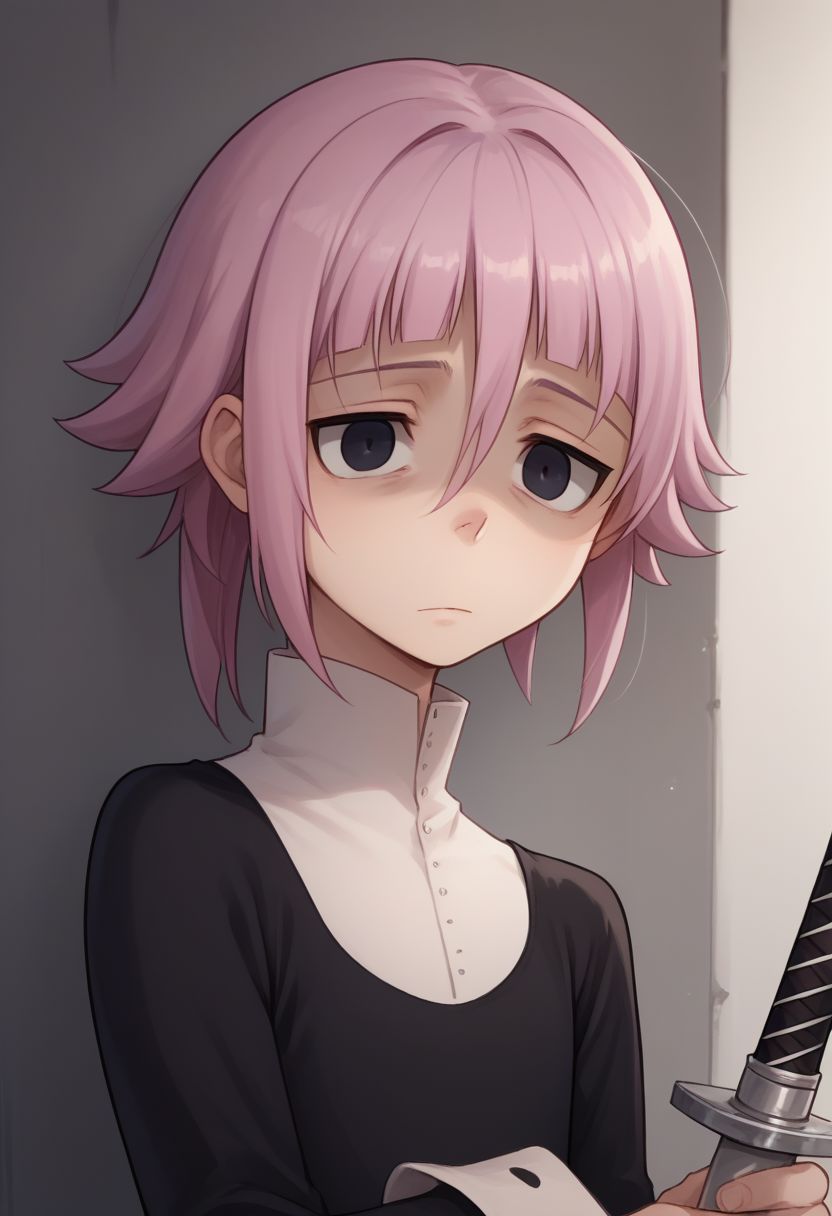 score_9, score_8_up, score_7_up, source_anime, highly detailed, 
crona, 1boy, solo, black eyes, short hair, pink hair, bags under eyes, hair between eyes, long sleeves, white shirt, shirt, dress, black dress, upper body, hold, holding sword, shaded face,
indoor,