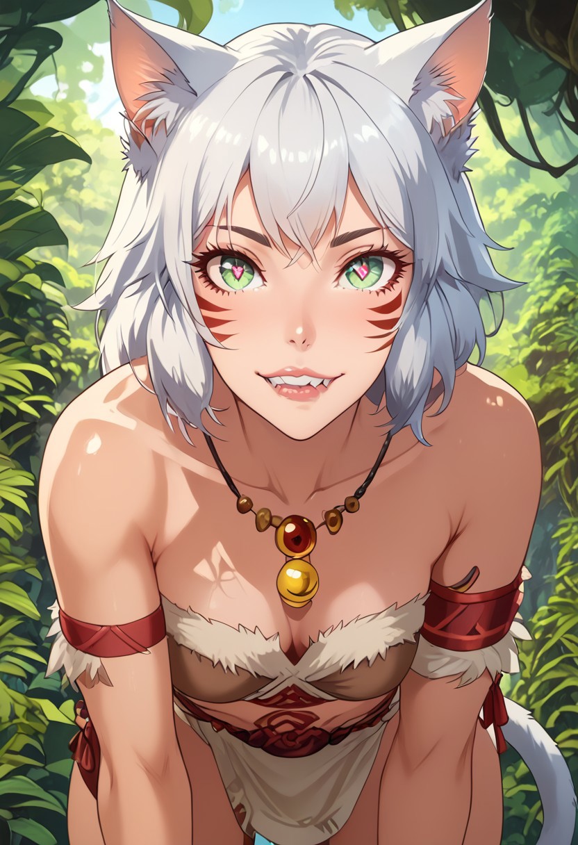 score_9, score_8_up, score_8, 1girl, Catgirl, slimes_suphia, solo, cat ears, cat tail, heart eyes, facial markings, fangs, tribal clothes, tropical forest, leaning forward, face focus, highly detailed, dynamic angles, dynamic pose, very amazed, biting lips, big eyes, Expressiveh, vivid colors, looking at viewer