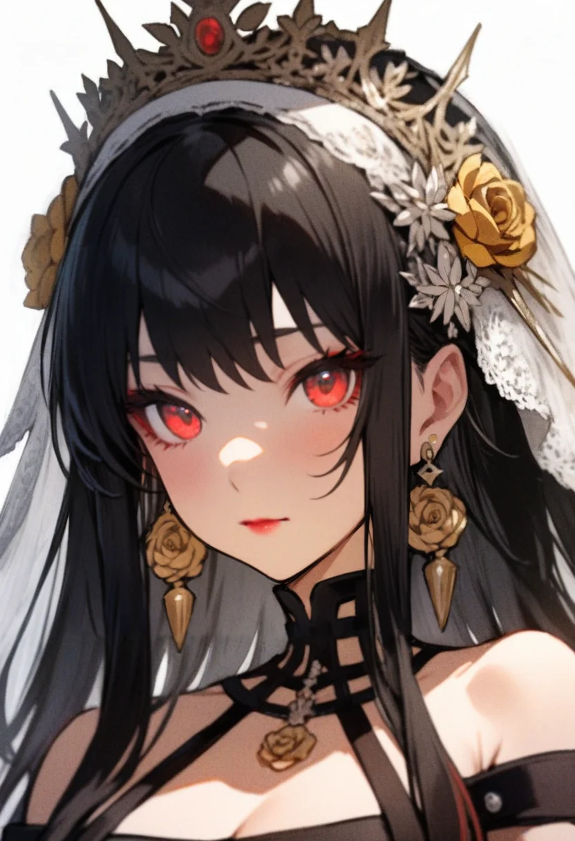 masterpiece, best quality, <lora:RECXL_ANI31_lokr_V43P1NF:0.95> 1girl, solo, earrings, jewelry, black hair, white background, veil, red eyes, portrait, looking at viewer, simple background, sidelocks, tiara, yor briar, bare shoulders, closed mouth, hair ornament, crown, cropped shoulders, bridal veil, red lips, flower, hair flower, long hair, detached collar