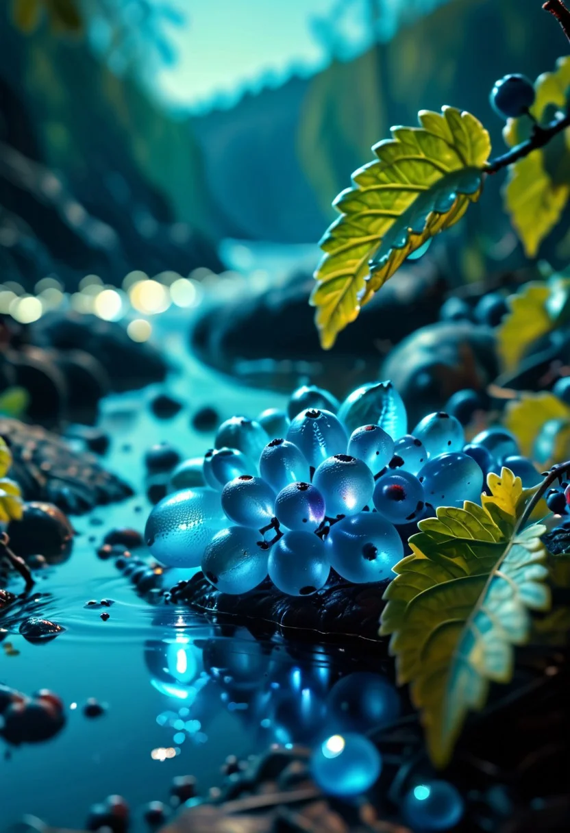 (8k analog nature photography:1.2), (a beautiful landscape:1.1) Extreme realism, Insanely realistic, with a river in the distance, shiny sapphire (crystal:1.2) berries ,<lora:Bio-Luminescence:1> bioluminescent, glowing, focus on the fruit.