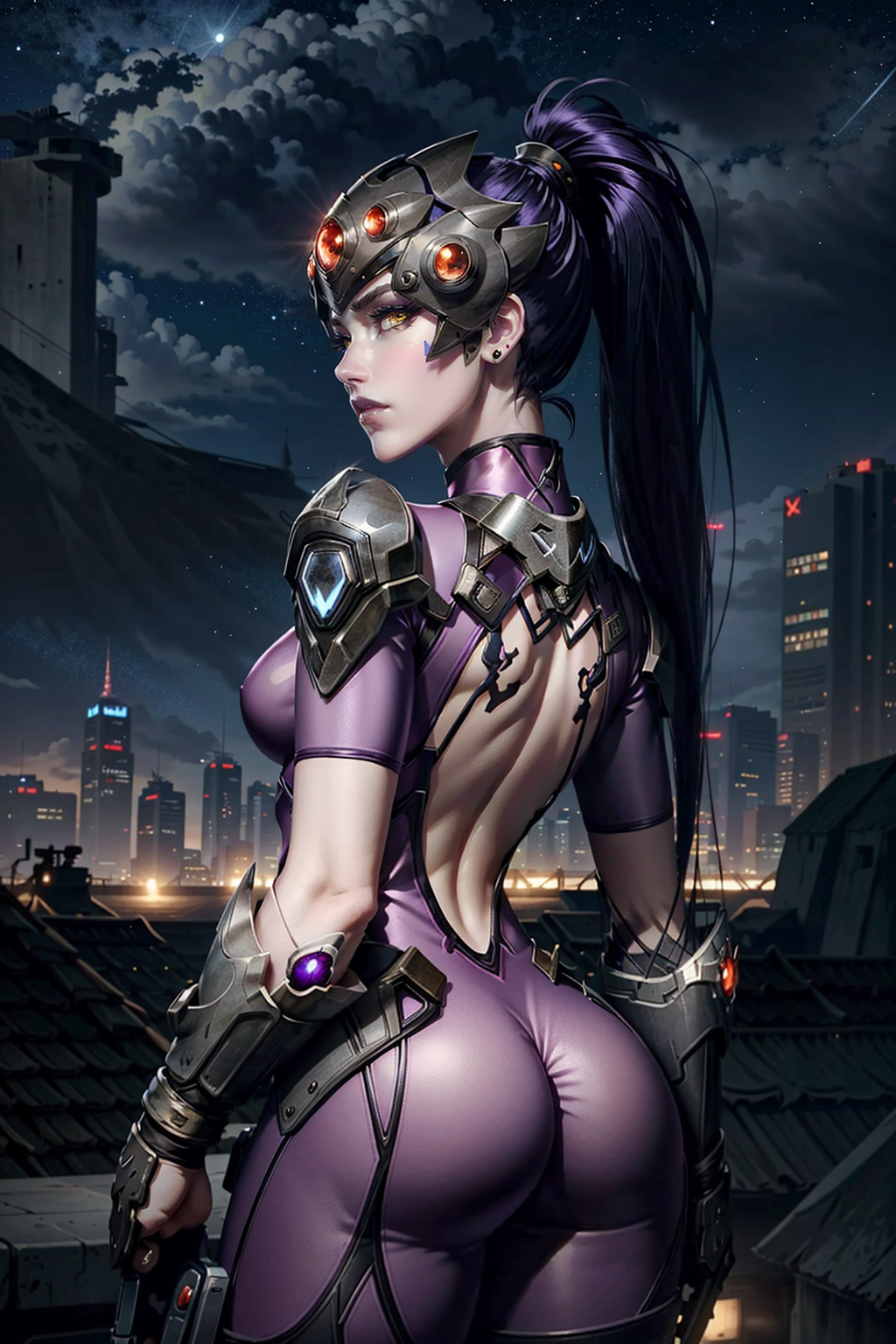 (masterpiece, best quality)
1girl, solo, long hair, breasts, looking at viewer, gloves, holding, jewelry, medium breasts, very long hair, yellow eyes, ponytail, weapon, purple hair, ass, short sleeves, cowboy shot, earrings, outdoors, sky, looking back, from behind, holding weapon, armor, lips, gun, bodysuit, tattoo, makeup, night, colored skin, back, shoulder armor, gauntlets, building, star \(sky\), holding gun, night sky, skin tight, rifle, starry sky, pauldrons, backless outfit, nose, stud earrings, over shoulder, purple skin, sniper rifle, hair pulled back, weapon over shoulder, purple lips, pink bodysuit, head-mounted display, back tattoo, widowmaker \(overwatch\), WidowOver
<lora:epi_noiseoffset2:1>, <lora:WidowOver:0.8>