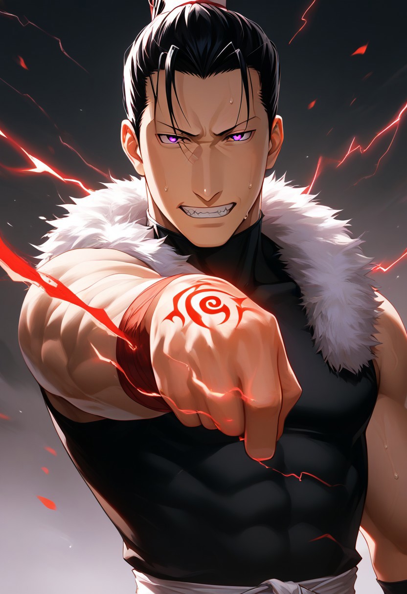 score_9, score_8_up, score_7_up, score_6_up, perfect anatomy, perfect proportions, best quality, masterpiece, high_resolution, high quality, aesthetic, absurdres, (male focus), solo male, source_anime, anime coloring, Greed, GreedFMAPony, black hair, short hair, purple eyes, (sanpaku, small pupils, thin eyebrows:1.5), sleeveless, black turtleneck undershirt, black vest, white fur trim, black pants, adult, mature, masculine, manly, handsome, charming, alluring, standing, portrait, headshot, close-up, from front, dutch angle, dark background, dark atmosphere, look at viewer, (one arm raised over face, show arm), sleeves rolled up, BREAK ouroboros homunculus red hand tattoo \(Fullmetal Alchemist\), glow tattoo, red lightning, red glow, electrokinesis, command spell, perfect lighting, cinematic, dynamic angle, sweat drop, fighting stance, serious, angry, mad, smirk, sharp teeth