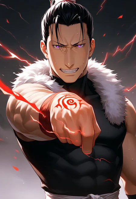 score_9, score_8_up, score_7_up, score_6_up, perfect anatomy, perfect proportions, best quality, masterpiece, high_resolution, high quality, aesthetic, absurdres, (male focus), solo male, source_anime, anime coloring, Greed, GreedFMAPony, black hair, short hair, purple eyes, (sanpaku, small pupils, thin eyebrows:1.5), sleeveless, black turtleneck undershirt, black vest, white fur trim, black pants, adult, mature, masculine, manly, handsome, charming, alluring, standing, portrait, headshot, close-up, from front, dutch angle, dark background, dark atmosphere, look at viewer, (one arm raised over face, show arm), sleeves rolled up, BREAK ouroboros homunculus red hand tattoo \(Fullmetal Alchemist\), glow tattoo, red lightning, red glow, electrokinesis, command spell, perfect lighting, cinematic, dynamic angle, sweat drop, fighting stance, serious, angry, mad, smirk, sharp teeth