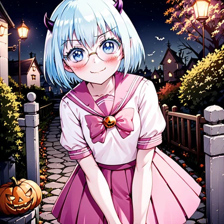 best quality, masterpiece, detailed, Crocell Kerori, smile, closed mouth, light blush, happy, light blue hair, short hair, blue eyes, horns, round eyewear, colored eyelashes, KeroriSchoolUniform, school uniform, serafuku, pink skirt, bow, standing, looking at the viewer, halloween, outdoors, night.