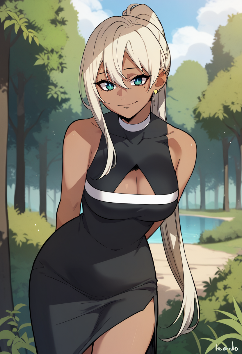 score_9, score_8_up, score_7_up,
<lora:OverpoweredSword_KarenXL:0.8>, KarenOS,
1girl, solo, closed mouth, smile,
blonde hair, long hair, ponytail, aqua eyes, earrings, dark skin, mole under eye,
KarenOutfit1, black dress, sleeveless, cleavage cutout,
standing, looking at the viewer, arms behind back, thigh gap,
outdoors, forest, nature, scenery