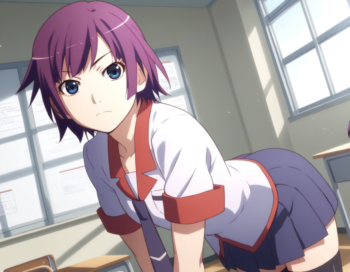 score_9, score_8_up, score_7_up, source_anime,
hitagisenjougahara, <lora:hitagi-senjougahara-anime-ponyxl-lora-nochekaiser:1>,
senjougahara hitagi, bangs, short hair, blue eyes, purple hair,
skirt, thighhighs, school uniform, necktie, black thighhighs, zettai ryouiki, naoetsu high school uniform,
indoors, classroom, bent over,
looking at viewer, cowboy shot, dutch angle,