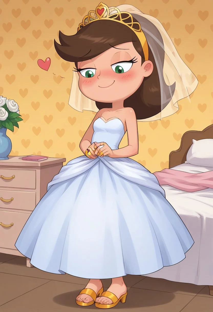score_8, score_8_up, score_7_up, BREAK, masterpiece, highres, source_cartoon, 1girl, solo, cute, female focus, solo, adyson, brown hair, green eyes,
blushing red, bedroom eyes, shy, Smile, hearts, looking down, blushing, cute,
Wedding dress, Wedding veil, Golden tiara, Golden Wedding ring, Golden high heels sandals,
detailed background, living room, bedroom, standing, full body, barefoot,
<lora:Adyson_Sweetwater_Phineas_and_Ferb:1>