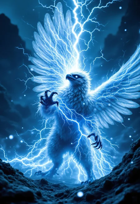An epic lightning-infused gryphon stands regally in an ethereal, mystical landscape, its majestic form shimmering with swirling, electrical energy that crackles and shifts in hues of vibrant blue and shimmering silver. Its feathers and fur are charged with streams of pure lightning power, glowing softly and interspersed with bursts of dazzling sparks. Its massive wings, a blend of eagle and stormy essence, are translucent and etched with glowing silver runes that flicker and shift, leaving trails of crackling lightning symbols and cascading arcs of electric light as they extend wide. The gryphon's sharp eyes blaze with a piercing brilliance, like twin bolts of lightning imbued with celestial energy, and its talons and paws leave glowing arcs of silver electricity on the ground beneath, which fade into a soft, shimmering glow. The surrounding environment is alive with the gryphon’s storm-charged aura, with floating, glowing crystals and swirling, cobalt-hued mists illuminated by flashes of lightning. This mythical creature exudes raw power, elegance, and a transcendent energy, as though it were born from the very essence of the stormy skies