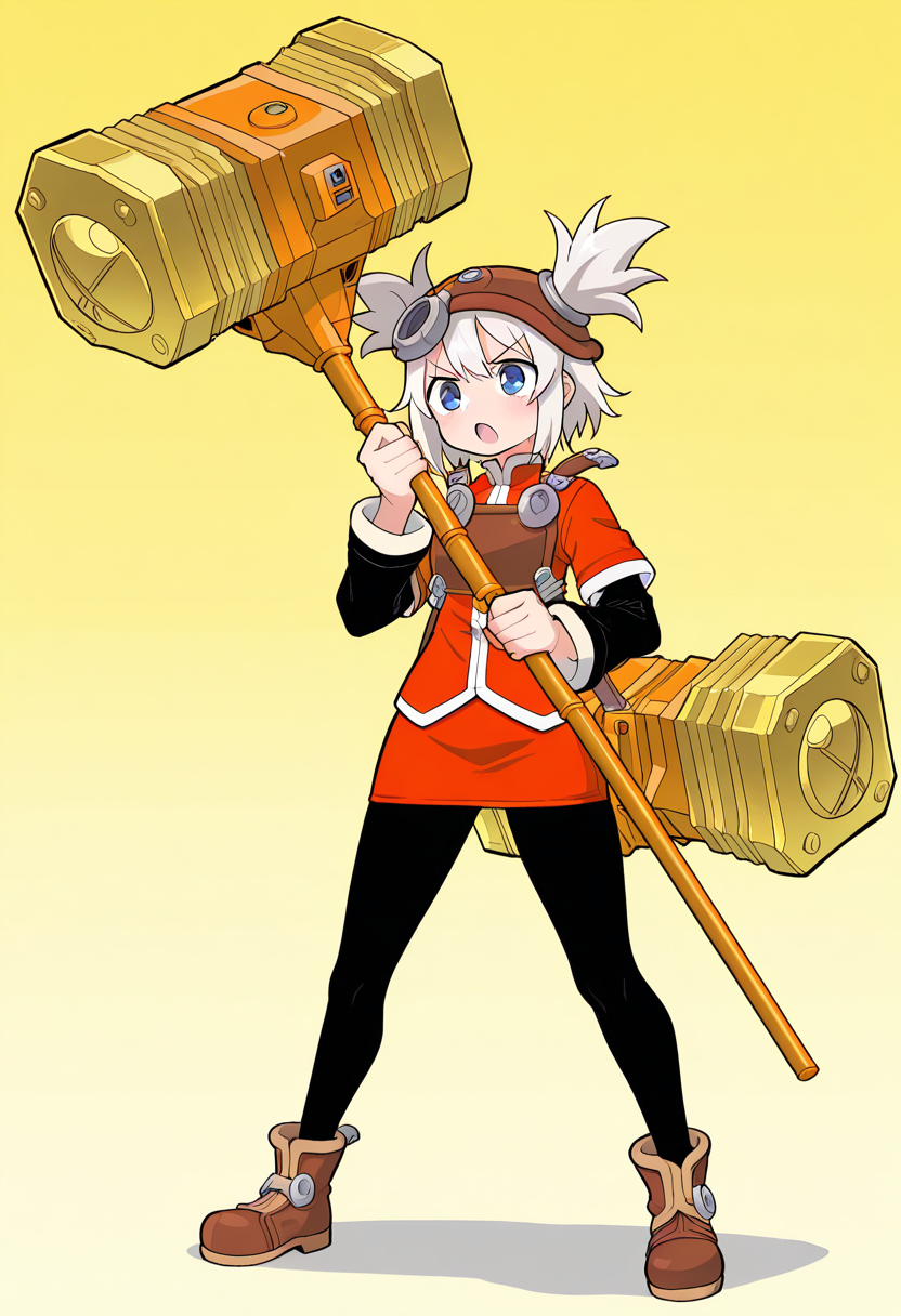 masterpiece,best quality,amazing quality,very aesthetic,absurdres,newest, gorudionhammer, hammer, holding hammer, huge weapon, yellow background, gradient background, 1girl, solo, pratty_scs, white hair, helmet, hair through headwear, two side up, bangs, sidelocks, short hair, blue eyes, Mandarin collar, red jacket, chest guard, red skirt, layered sleeves, short over long sleeves, sleeve cuffs, pantyhose, black pantyhose, sheath, ankle boots, brown footwear, serious, open mouth, circle_mouth, standing, full body,