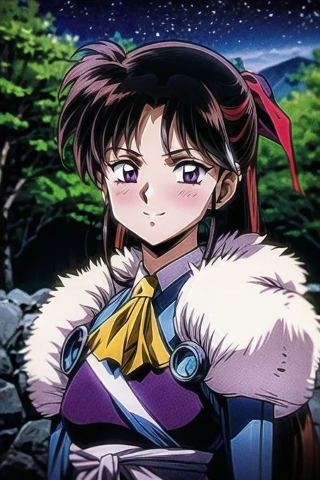 best quality 1girl Setsun4 solo long hair, (night time) forest background black hair very long hair purple eyes multicolored hair armor, small, (fur trim) (medium body),<lora:EMS-179-EMS:0.800000>,<lora:EMS-293862-EMS:0.800000> bow, hair_bow, hair_tubes, red_bow, brown_hair, long_hair, bangs, ascot, frilled_bow, yellow_ascot, blush, smile, hair_between_eyes, athletic, armor, miko, Smiling, happy,