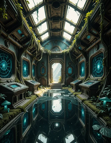 The interior of an ancient abandoned spaceship, overtaken by lush vegetation. The walls and ceiling are covered in thick, twisting vines and moss. Strange alien plants glow faintly in shades of blue and green, casting an eerie, mystical light across the metallic surfaces. Rusted control panels and shattered glass windows hint at a long-forgotten past. The floor is cracked and partially flooded with still, reflective water. Patches of bioluminescent fungi cling to the corners, adding a surreal atmosphere. The air feels heavy with moisture, and beams of soft, diffused light filter through holes in the hull, creating dramatic shafts of light and shadow. The overall style is hyper-realistic, rich in textures, with a cinematic and slightly melancholic mood.<lora:SDXLFaeTastic2400:0.4> <lora:extremely_detailed:0.4> extremely detailed,ancient abandoned sp4c3sh1p, <lora:ancient_abandoned_sp4c3sh1p-i:1>, Masterpiece,best quality,hi res,8k,hi res,8k,award winning,(sharp focus, intricate, highly detailed),