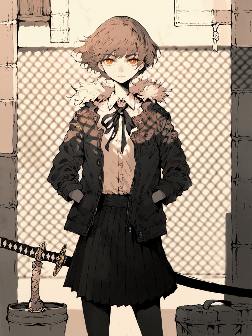 score_9, score_8_up, score_7_up, score_6_up, score_5_up,    <lora:MONXLP:1> mon, 1girl, solo, sword, weapon, skirt, pantyhose, orange eyes, katana, short hair, shirt, sheath, looking at viewer, jacket, fence, sheathed, fur trim, pleated skirt, collared shirt, ribbon, standing