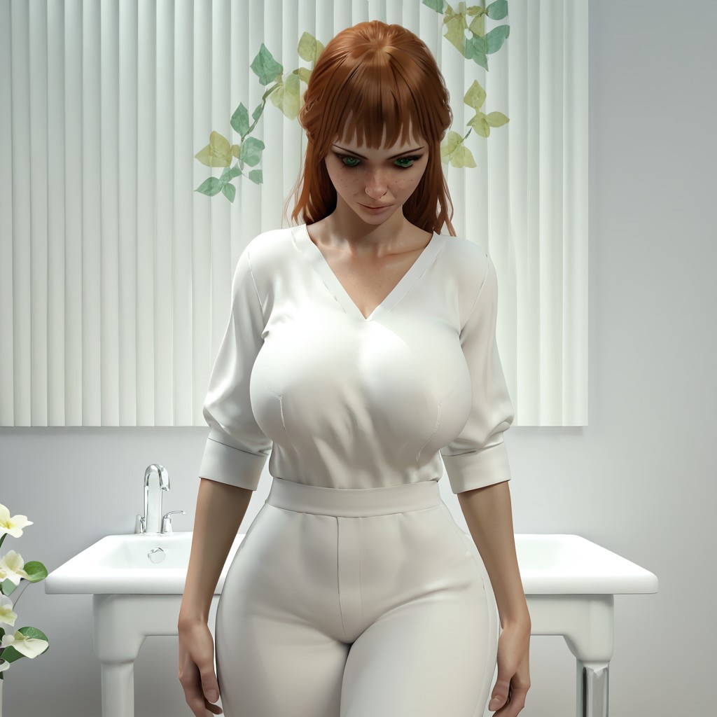 score_9, score_8_up, score_7_up, Emma, Ginger, green eyes, redhead, 1girl, white outfit, large breasts, solo,