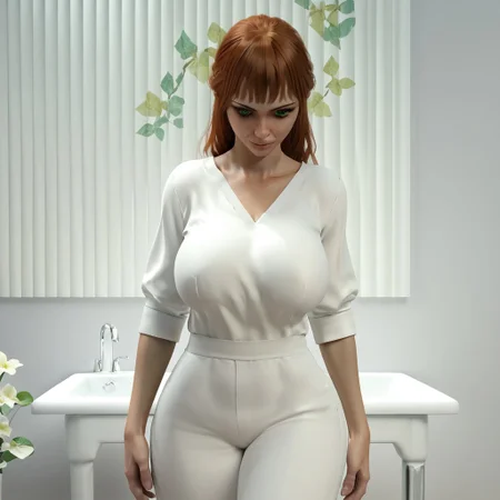 score_9, score_8_up, score_7_up, Emma, Ginger, green eyes, redhead, 1girl, white outfit, large breasts, solo,