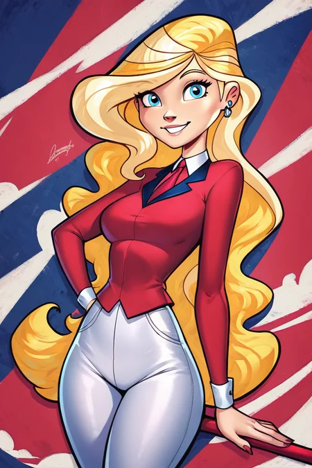 score_9, score_8_up, score_8, medium breasts, (curvy), cute, eyelashes, ,,, zzSarahWhitney, blue eyes, blonde hair, long hair, red shirt, necktie, white pants, <lora:SarahWhitneyHorseland_PDXL:1.0>, ,,, smile, looking at viewer, ,,, embedding:zPDXL, Expressiveh, <lora:SDXLFaeTastic2400:0.5>, <lora:Expressive_H-000001:0.4>,
