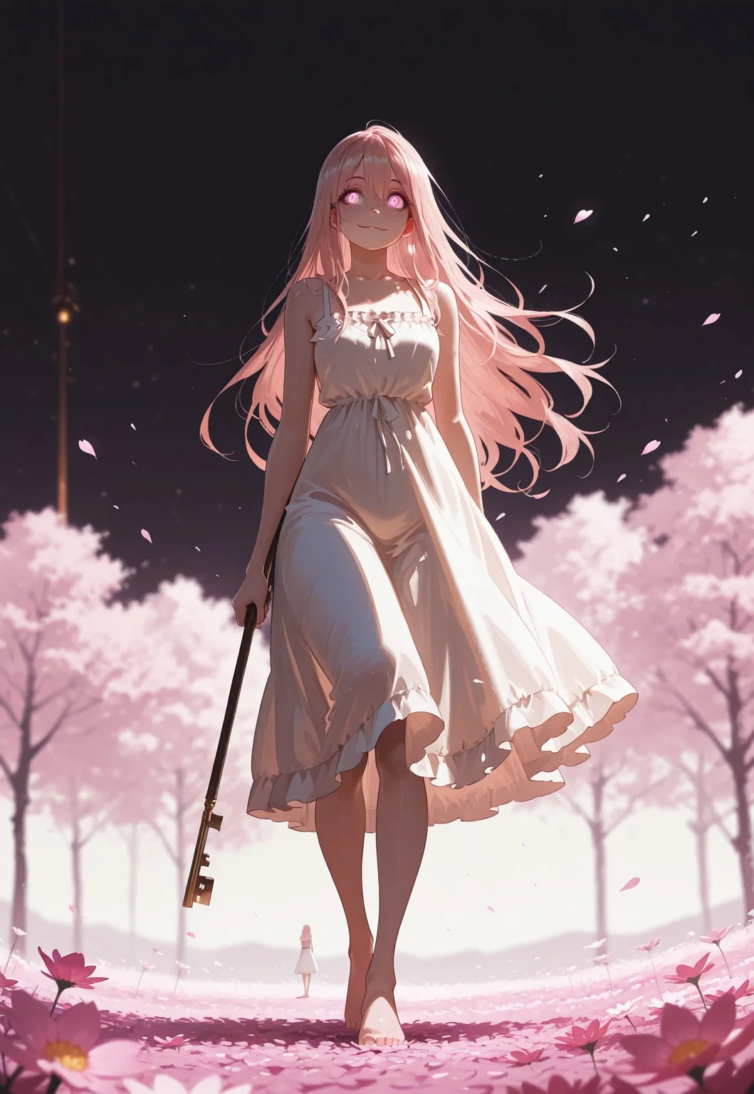 masterpiece, ultra-HD, cinematic lighting, photorealistic, impressionism (1.5), high detail, depth of field, (blurred background), (dramatic lighting), best quality, amazing quality, absurdres, , anime-style illustration of a young girl in a soft white sundress standing alone in a quiet field of glowing wildflowers at dusk, her long hair gently floating in the breeze, warm golden-pink light from the setting sun washing over her, petals falling slowly around her like time itself is pausing, distant mountains glowing in soft haze, her eyes filled with gentle melancholy and peace, soft smile, barefoot, pastel color palette, emotionally uplifting, cinematic composition, high detail, painterly background, key visual for an anime series, masterpiece, 8k, by Makoto Shinkai and Nagi Yanagi cover art style