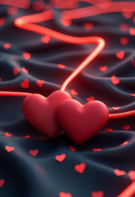 A single red thread connecting two intertwined hearts, symbolizing the invisible bonds of love and connection. The scene evokes a sense of destiny, fate, and the enduring power of love. Photorealistic, soft, mystical lighting, shallow depth of field focusing on the point where the threads intersect, highly detailed 4k render