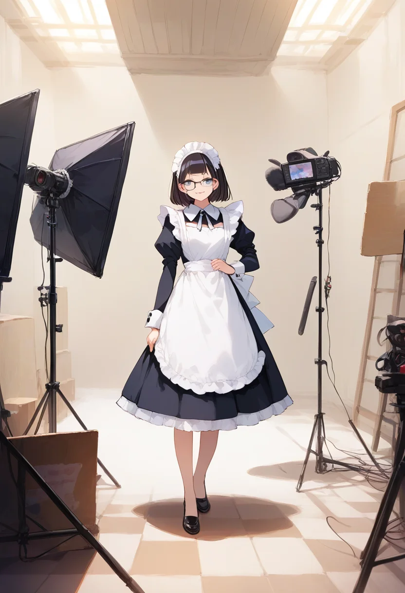 score_9, score_8_up, score_7_up, rating_safe, masterpiece, best quality, absurdres, unity 8k wallpaper, official art, official style, source_anime, uncensored, game cg, megami magazine,
1girl, solo, glasses, black hair, medium hair, maid dress, black dress, maid apron, maid headdress, standing, smile, happy, looking at viewer,
photostudio, shooting light, indoors, camera, chair, cyclorama, white cyclorama
<lora:photostudio_pony_V2:1>