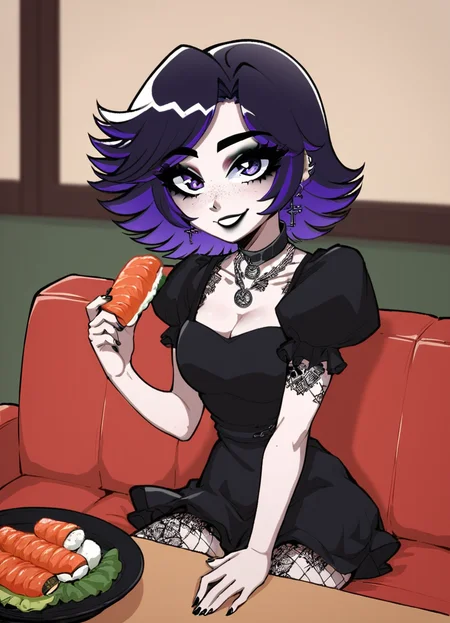 (masterpiece), (best quality), (ultra-detailed), score_9,score_8_up,score_7_up,score_6_up, source_cartoon, afs_ksusha, 1girl, , black eyeshadow, black eyebrows, black lipstick, black freckles around nose, cross earrings,detailed purple eyes, short spiky hair, bangs, dark purple hair, purple gradient hair color, multicolored hair, short sleeves, puffy sleeves, choker with pentagram necklace, casual dress, black nails, fishnets, happy, smiling, tattoo on legs, eating sushi, pov, sitting in sushi restaurant, illustration, disheveled hair, detailed eyes, perfect composition, moist skin, intricate details, earrings, by wlop, score_9,score_8_up,score_7_up,score_6_up, source_cartoon, afs_ksusha, 1girl,, black eyeshadow, black eyebrows, black lipstick, black freckles around nose, cross earrings,detailed purple eyes, short spiky hair, bangs, dark purple hair, purple gradient hair color, multicolored hair, short sleeves, puffy sleeves, choker with pentagram necklace, casual dress, black nails, fishnets, happy, smiling, tattoo on legs, eating sushi, pov, sitting in sushi restaurant, background, sharp focus, highly detailed, intricate, open flowing delicate, elegant, confident, beautiful, decorative