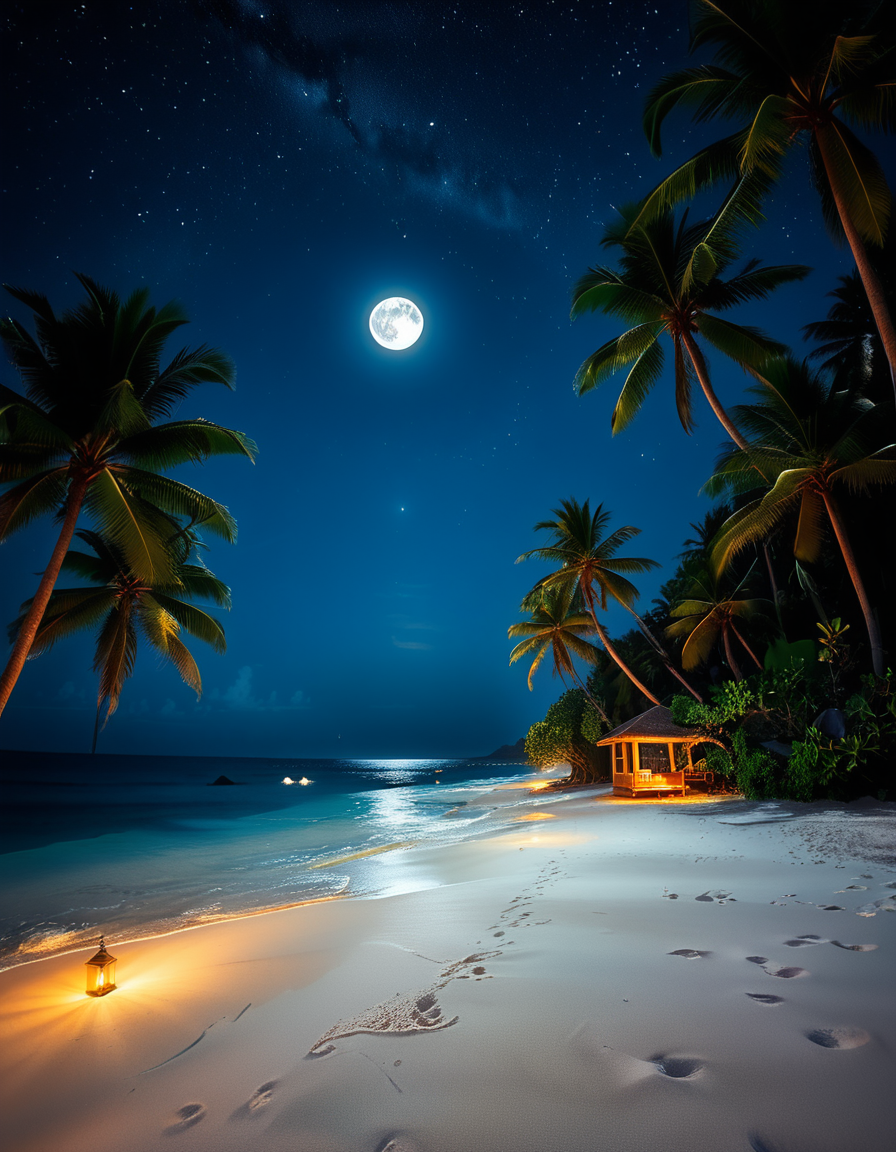 A breathtaking tropical beach at night, illuminated by the soft glow of the moon and twinkling stars. The ocean waves gently lap against the shore, reflecting silver moonlight. Tall palm trees sway slightly in the warm night breeze, their silhouettes contrasting against the deep blue sky. The sand appears smooth and slightly damp, glowing under the moonlight. In the background, distant islands are faintly visible on the horizon, their outlines softened by a light mist. The sky is filled with a mesmerizing display of stars, with the Milky Way faintly visible. The atmosphere is tranquil and serene, evoking a sense of peace and wonder. The image has a high level of detail, realistic textures, and a dreamy cinematic quality.
<lora:SDXLFaeTastic2400:0.4> <lora:extremely_detailed:0.4> extremely detailed,  <lora:tropical_beach_4t_n1ght:1>,tropical beach 4t n1ght, Masterpiece,best quality,hi res,8k,hi res,8k,award winning,(sharp focus, intricate, highly detailed),