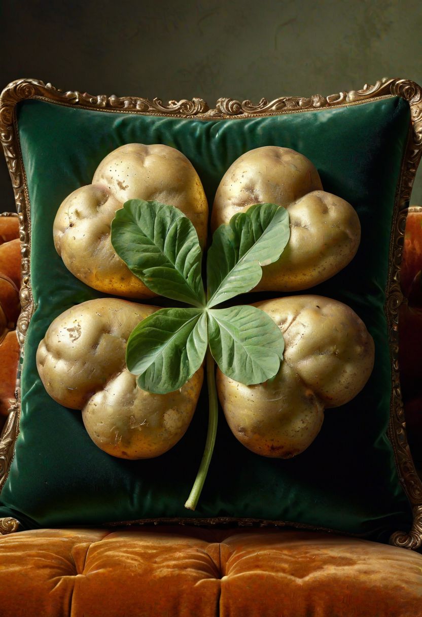 a plump, perfectly formed potato shaped like a four-leaf clover, hyperrealistic detail, soft light, museum setting, resting on a velvet cushion, ornate museum frame, (symbolic:1.2), (good fortune:1.1)