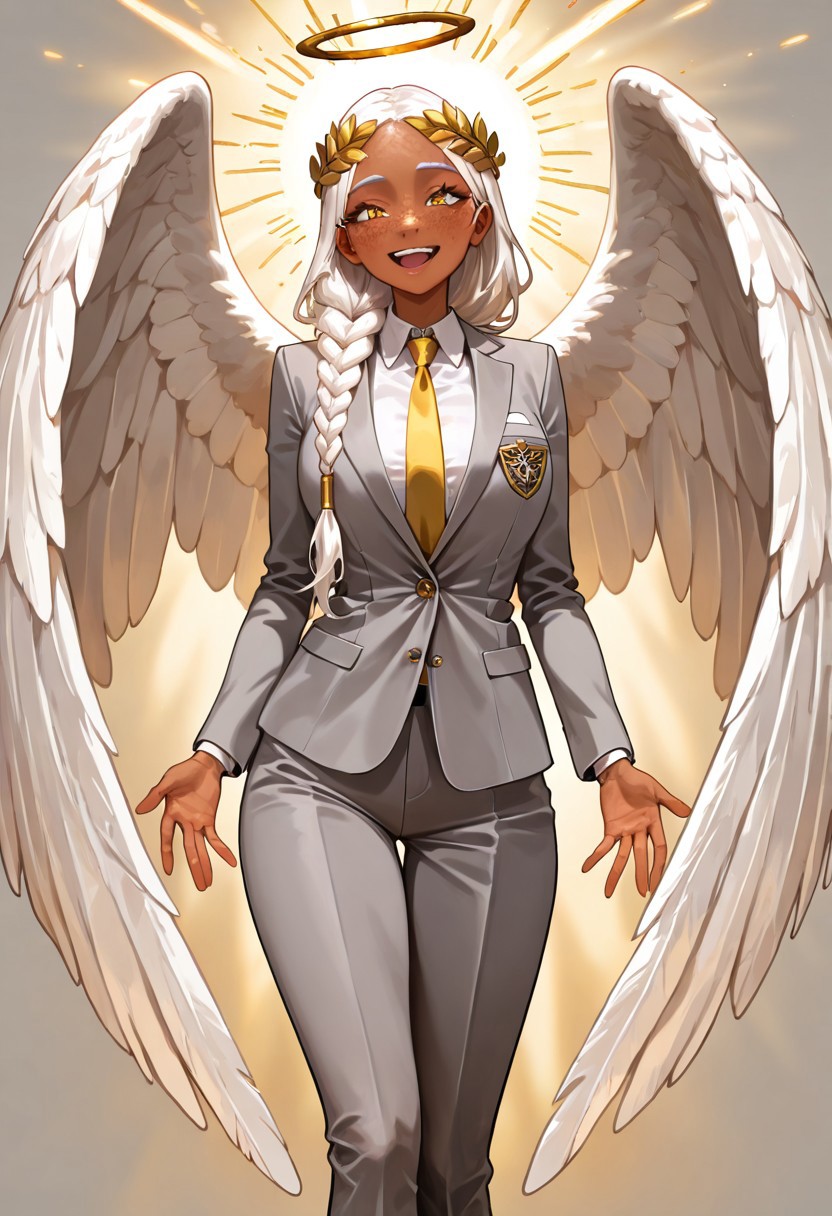 masterpiece, best quality, newest, absurdres, highres, DMIXV1.0, 1girl, dark skin, dark-skinned female, grey suit, suit official attire, official clothes, nectie, yellow necktie, white hair, long hair, braid, single braid, angel, angel girl, halo, wings, angel wings, smile, happy, open eyes, golden eyes, laurel crown, freckles,