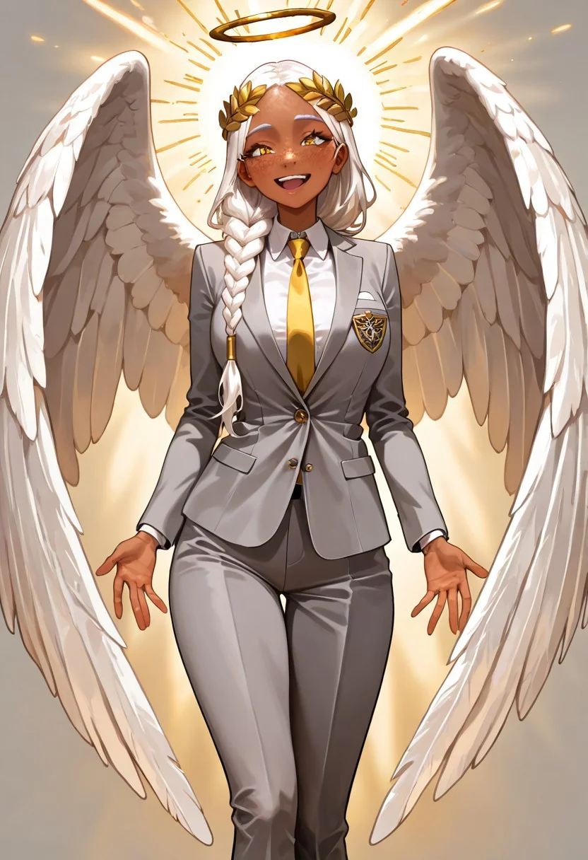 masterpiece, best quality, newest, absurdres, highres, DMIXV1.0, 1girl, dark skin, dark-skinned female, grey suit, suit official attire, official clothes, nectie, yellow necktie, white hair, long hair, braid, single braid, angel, angel girl, halo, wings, angel wings, smile, happy, open eyes, golden eyes, laurel crown, freckles,
