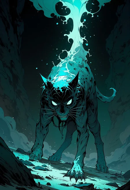 Liquid silver flowing out of a meteor,swirling and gathering on the floor, solidifying into the shape of a cat silhouette, glowing an ominous teal color.
Niji Stan Katayama style.