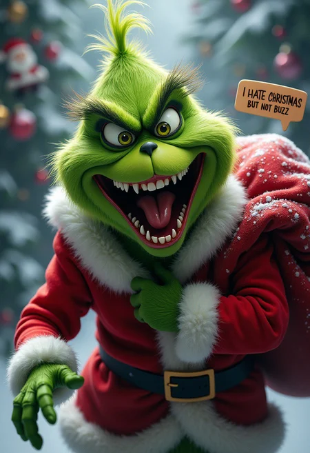 The Grinch, green fur, red santa outfit, Christmas, (The gring stealing santa claus bag and screaming in a speech balloon “I HATE CHRISTMAS BUT NOT BUZZ!” while scaping from a snow toy factory), Hyper realistic style, extremely detailing face and mouth, terrible teeth, crazy grin, (focus on text),