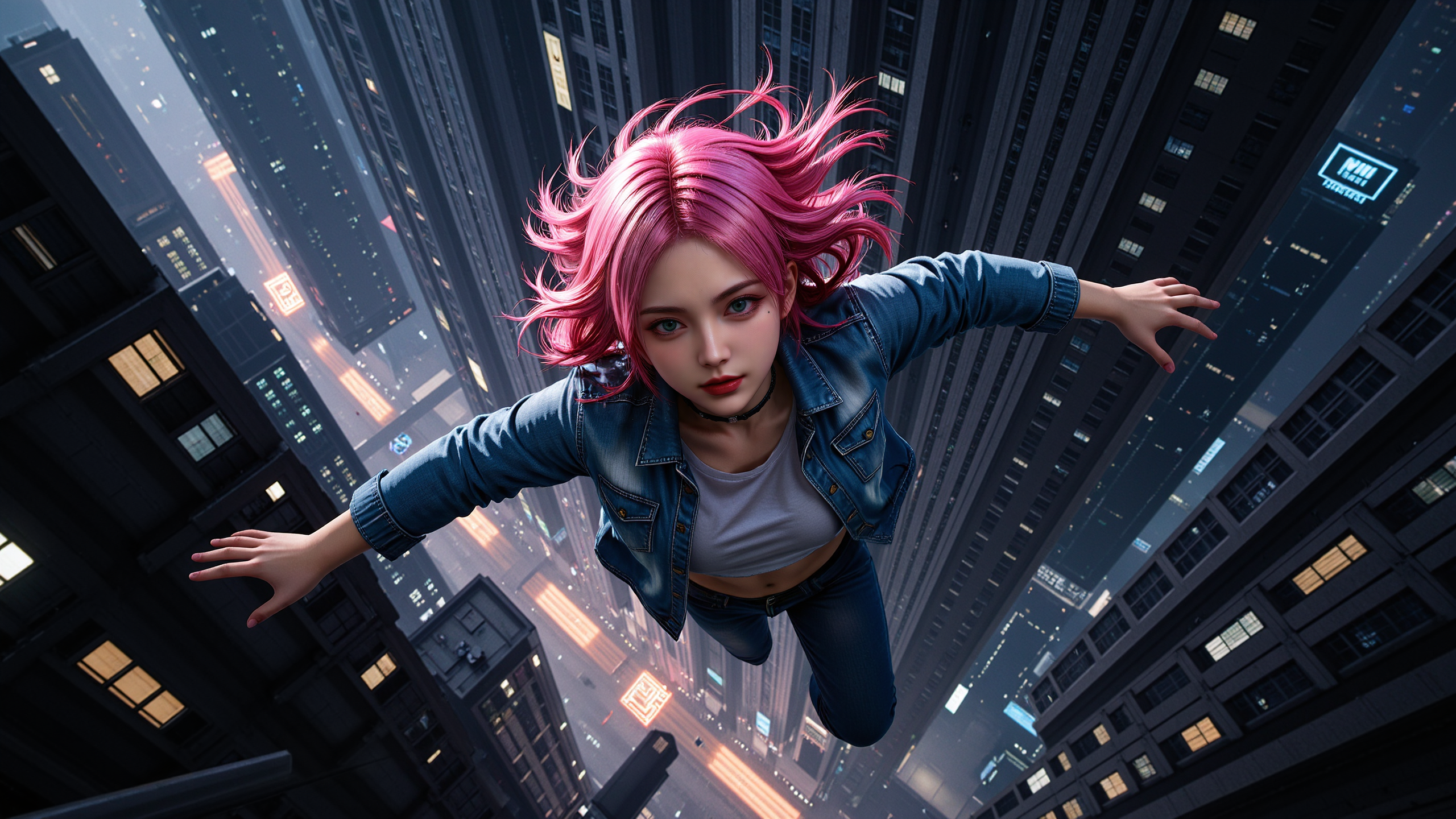 Top-down view of a pink-haired girl in free fall,her arms outstretched. She wears a worn denim jacket and tight-fitting jeans,with the wind whipping through her long hair. Below,a bottomless cyberpunk cityscape glows with neon lights piercing through towering skyscrapers. Streets form a complex grid,and hovering vehicles streak across the night sky. Cyberpunk aesthetic,strong light and shadow contrast,futuristic atmosphere.,<lora:kcyberpunk-01:0.5>,kcyberpunk,<lora:yuukananri-base-02-flux:0.8>,yuukananri,she has a slender physique and a petite build,