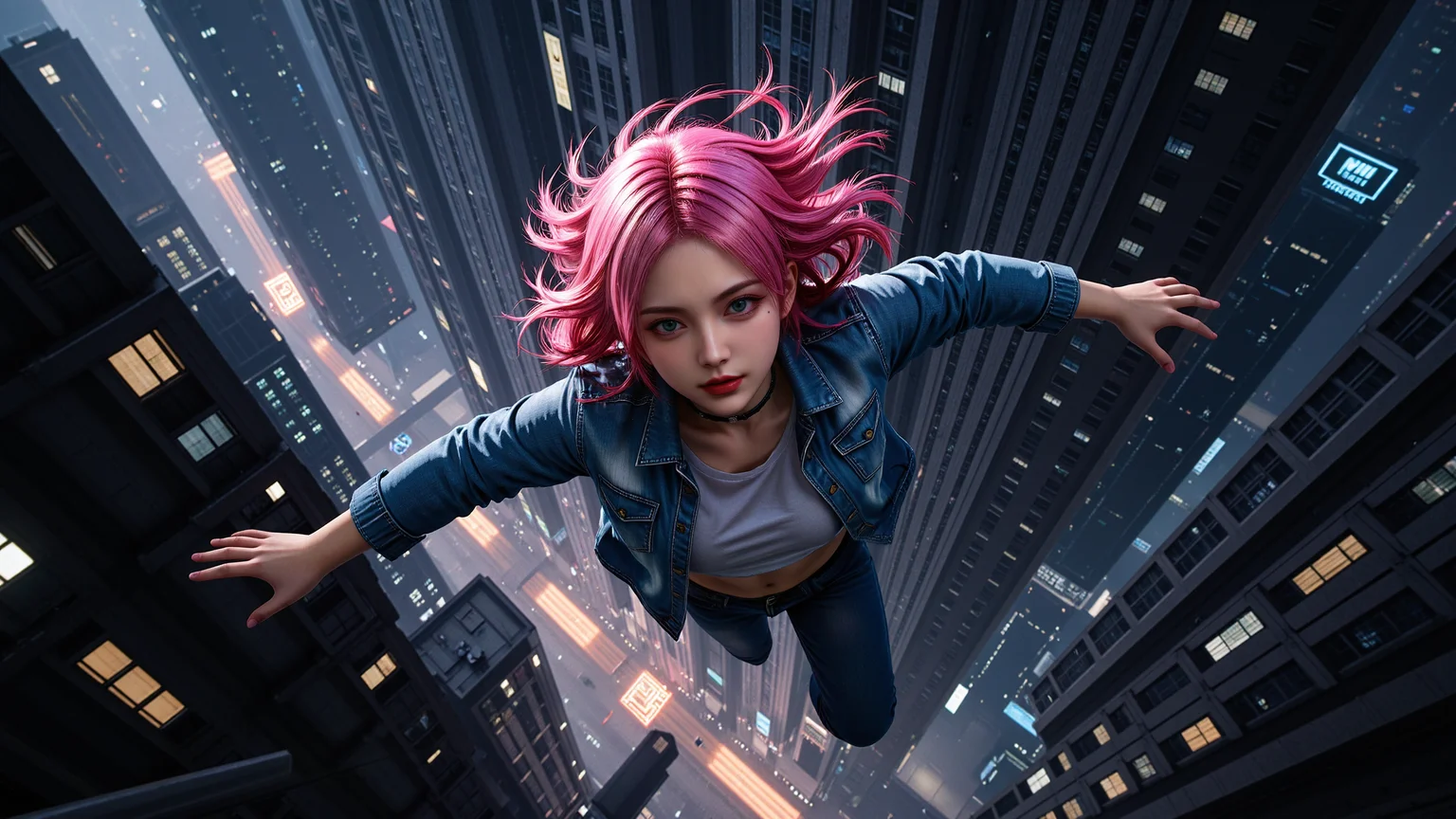 Top-down view of a pink-haired girl in free fall,her arms outstretched. She wears a worn denim jacket and tight-fitting jeans,with the wind whipping through her long hair. Below,a bottomless cyberpunk cityscape glows with neon lights piercing through towering skyscrapers. Streets form a complex grid,and hovering vehicles streak across the night sky. Cyberpunk aesthetic,strong light and shadow contrast,futuristic atmosphere.,<lora:kcyberpunk-01:0.5>,kcyberpunk,<lora:yuukananri-base-02-flux:0.8>,yuukananri,she has a slender physique and a petite build,