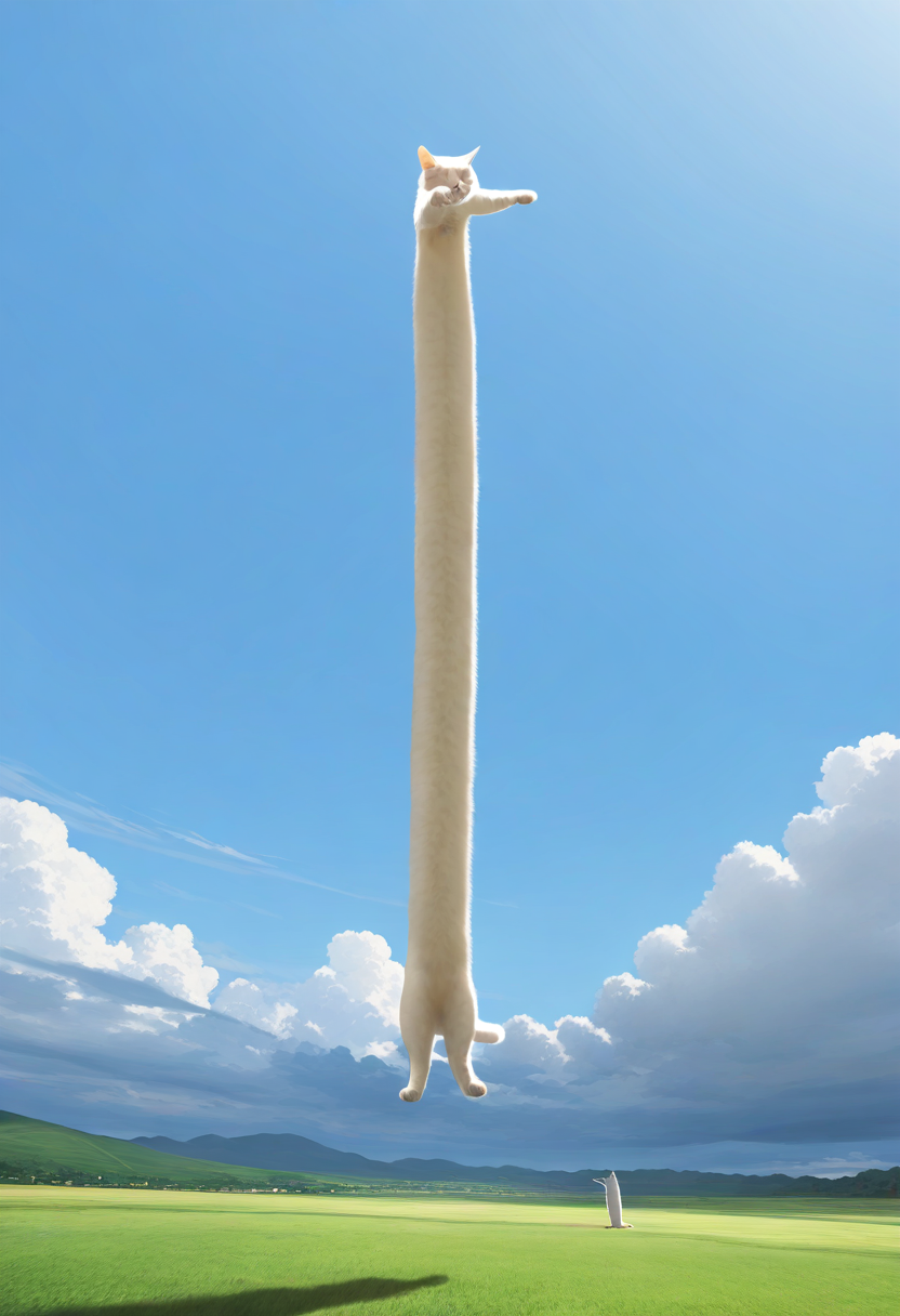 longcat (meme), no humans, cat, sky, cloud, day, grass, outdoors, animal focus, meme, animal, field, standing, shadow, blue sky, scenery, dancing, parody, stretching, cloudy sky
masterpiece, best quality, amazing quality, very aesthetic, absurdres,
<lora:concept_longcat_Illustrious_V2L:1>