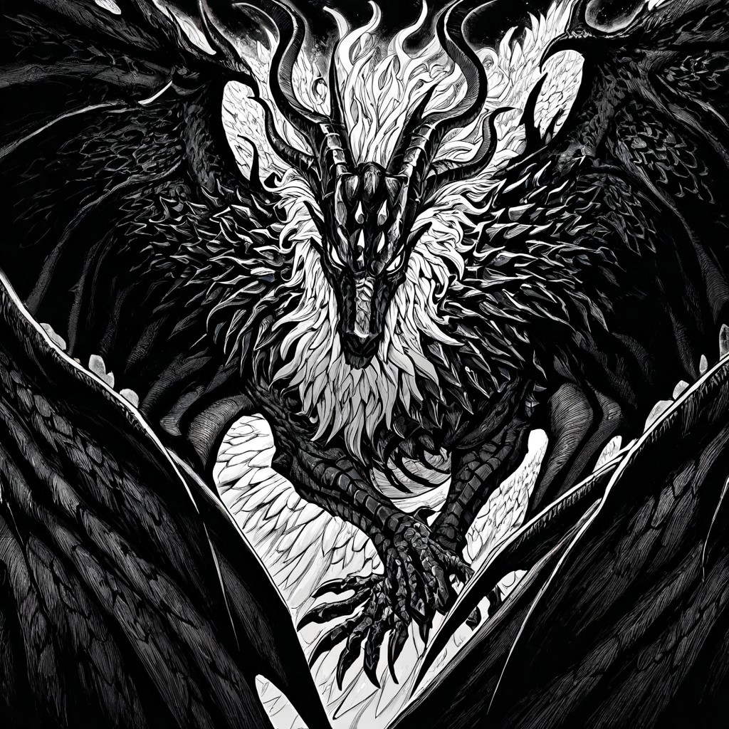 masterpiece, best quality, newest, absurdres, highres, EMPILV1.0, manga, monochrome, greyscale, 
no humans, monster, dragon, dragon horns, wings, horns, multiple horns,