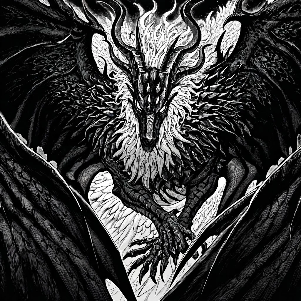 masterpiece, best quality, newest, absurdres, highres, EMPILV1.0, manga, monochrome, greyscale,
no humans, monster, dragon, dragon horns, wings, horns, multiple horns,