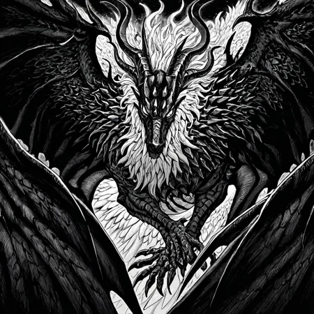 masterpiece, best quality, newest, absurdres, highres, EMPILV1.0, manga, monochrome, greyscale,
no humans, monster, dragon, dragon horns, wings, horns, multiple horns,